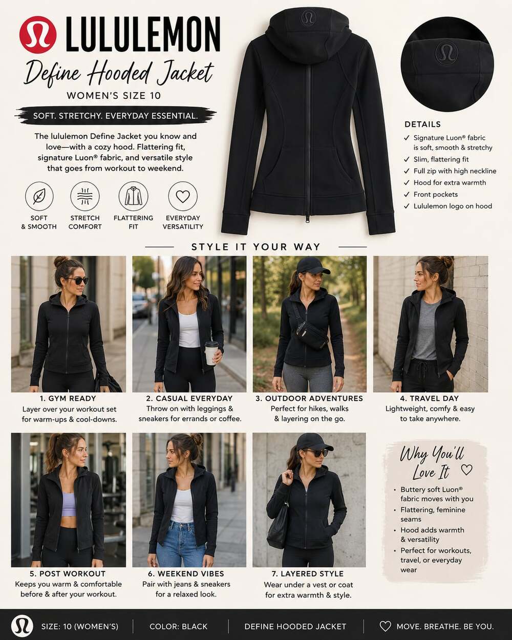 185 Lululemon Define Hooded Jacket in Black